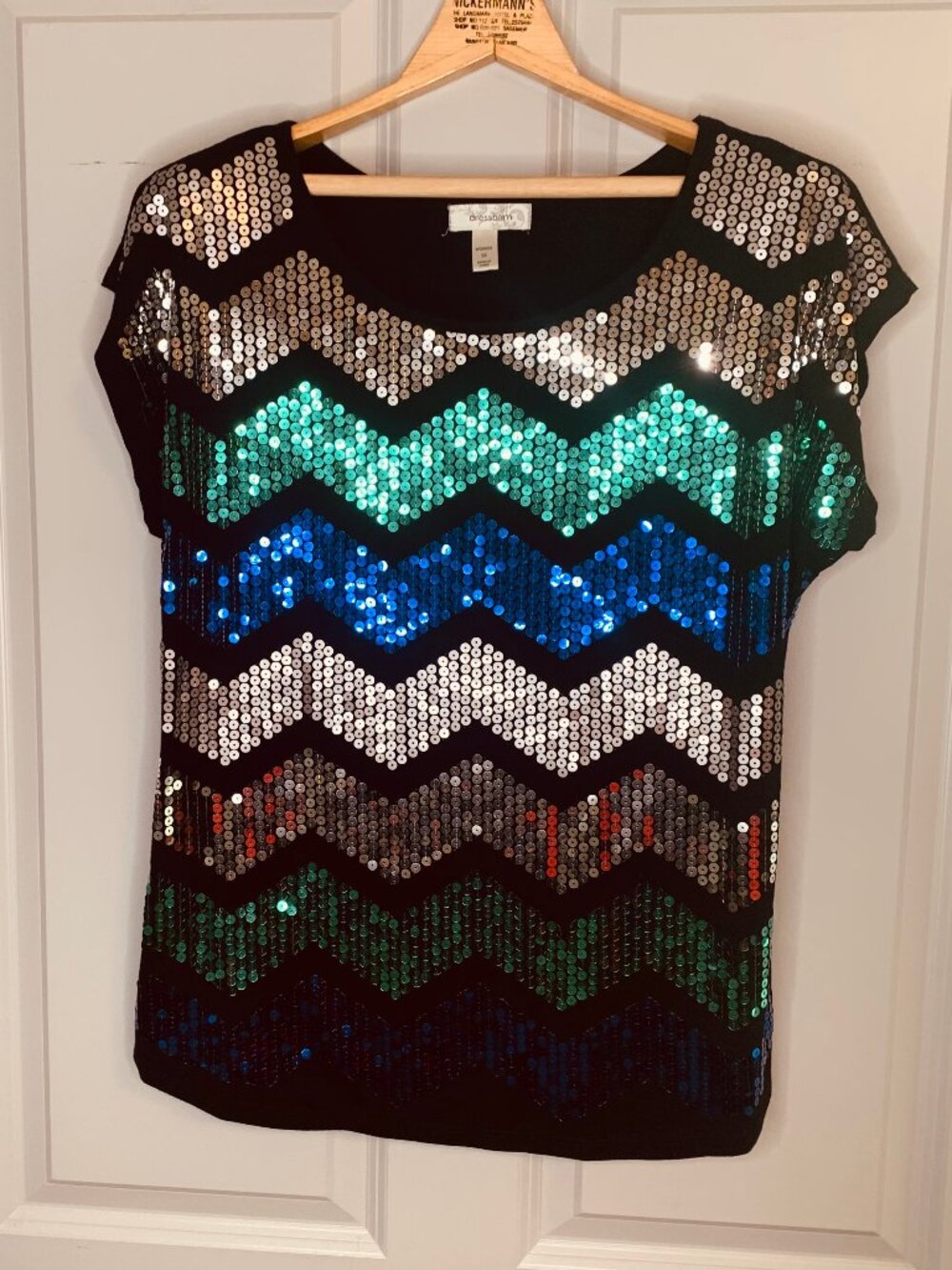 Dress Barn Black Short Sleeve Sequin Front Blouse (Silver, Green, Blue) Size 1X
